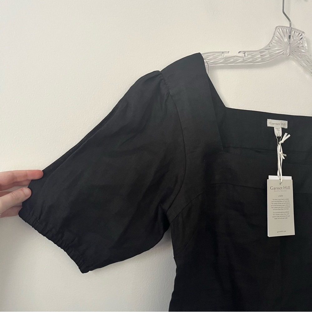 NEW Garnet Hill 100% Linen Black Square Neck Short Sleeve Top 10 Lightweight - Picture 2 of 8